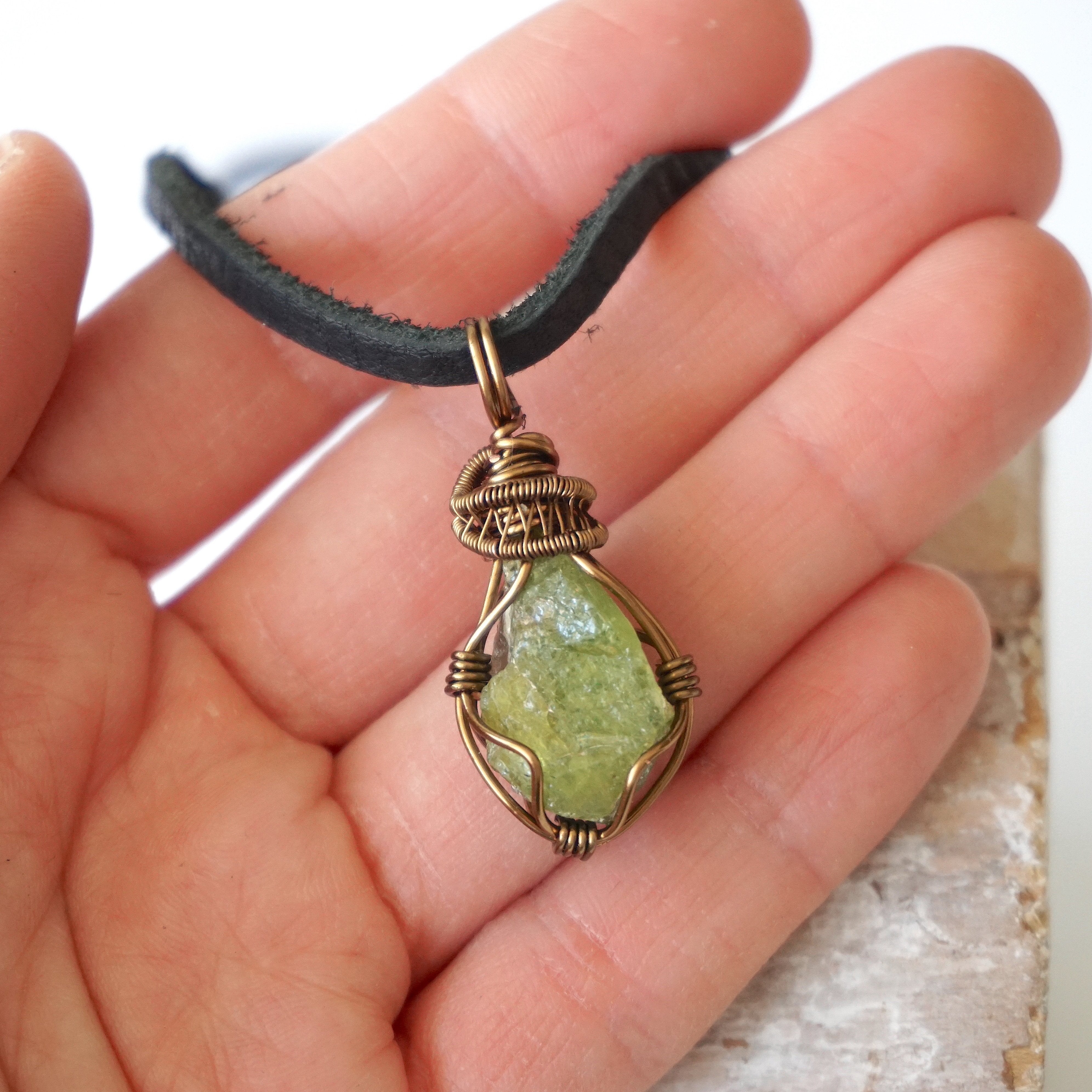 Antique Bronze Raw Peridot Necklace for Men - Genuine Leather Cord Jewelry Gift for Birthday, Anniversary & Special Occasions