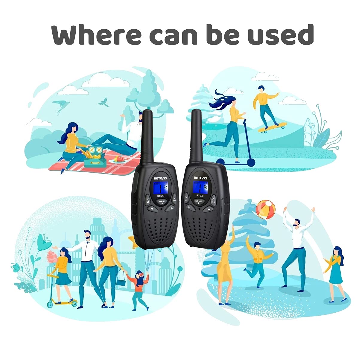 Retevis RT628 Kids Walkie Talkies - 2 Way Radios for Boys & Girls Ages 6-12, Long Range Communication Toys for Outdoor Play, Camping, Hiking & Birthday Gifts (Black, 1 Pair) - Perfect for Family Adventures, Backyard Fun & Emergency Preparedness