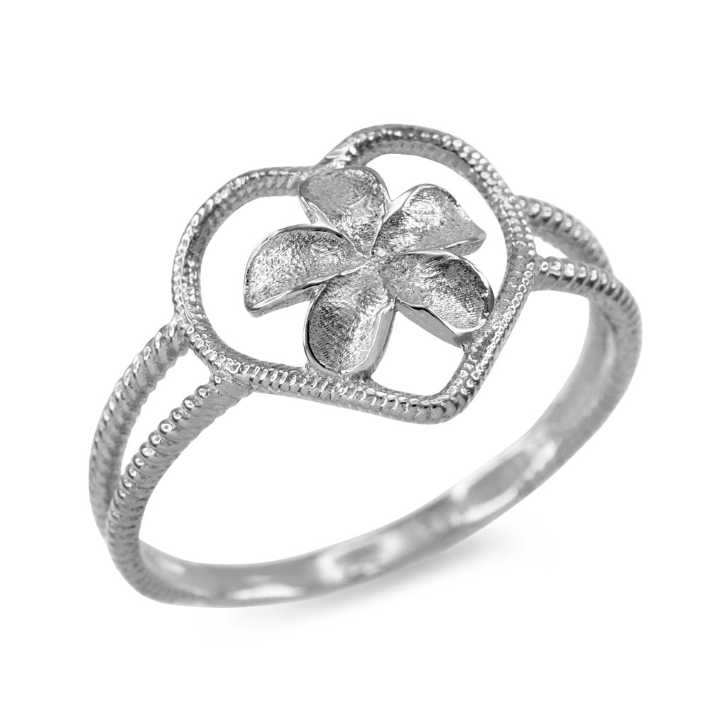14K White Gold Plumeria Flower Heart Ring - Elegant Rope Band for Women, Perfect for Weddings, Anniversaries & Everyday Wear