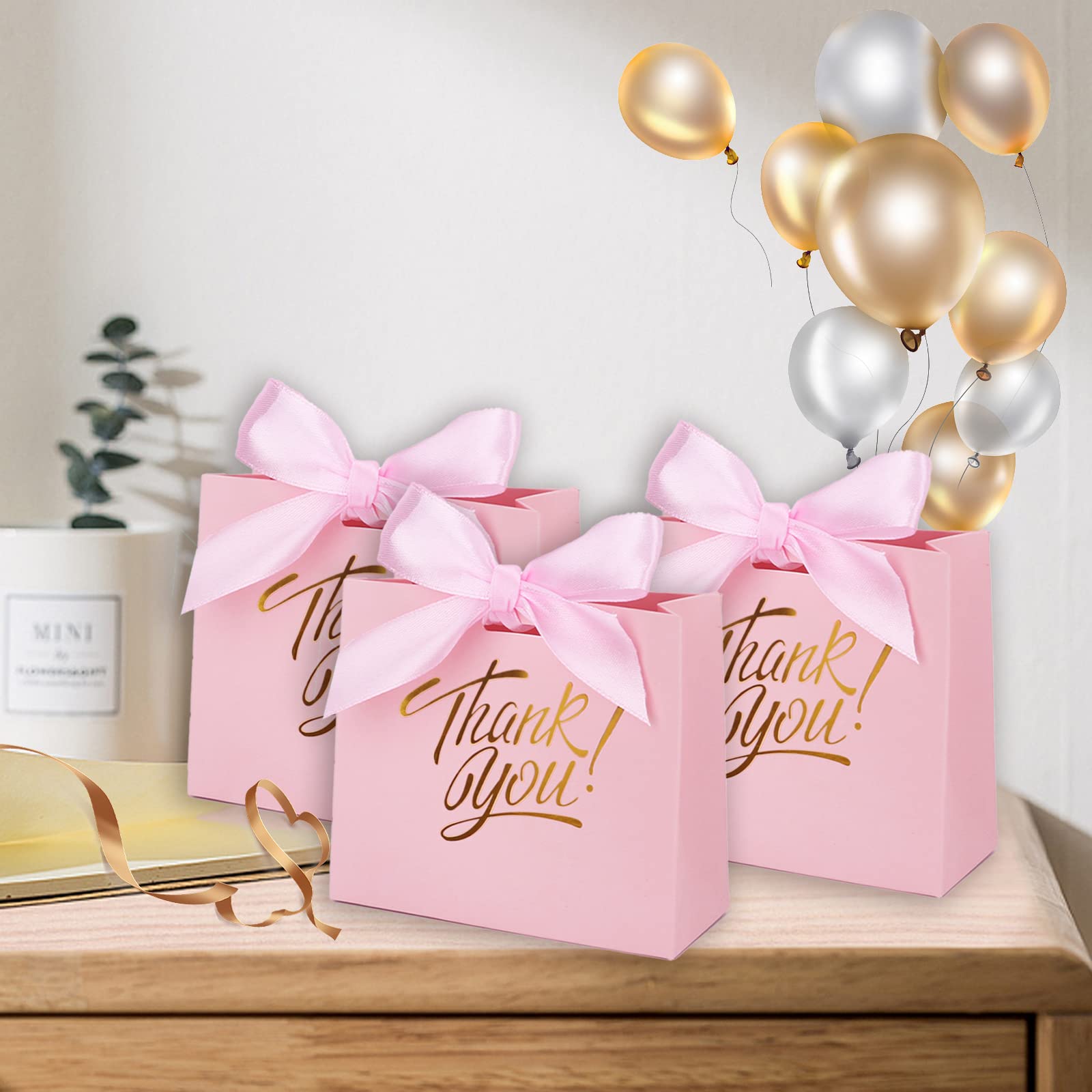 KPOSIYA 100 Pack Small Pink Gift Bags with Bow Ribbon - 4.5x1.8x3.9 Inches Thank You Bags for Candy, Party Favors, Weddings, Baby Showers & Birthdays | Perfect for Bridal, Business Events & Party Supplies