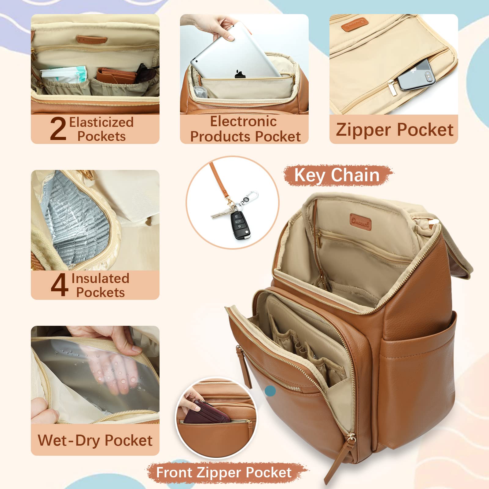 Premium Leather Diaper Bag Backpack for Moms - 17 Organizing Pouches, Changing Pad & Stroller Straps | 4 Insulated Pockets | Stylish Brown Baby Bag for Travel, Daycare & On-the-Go Parenting