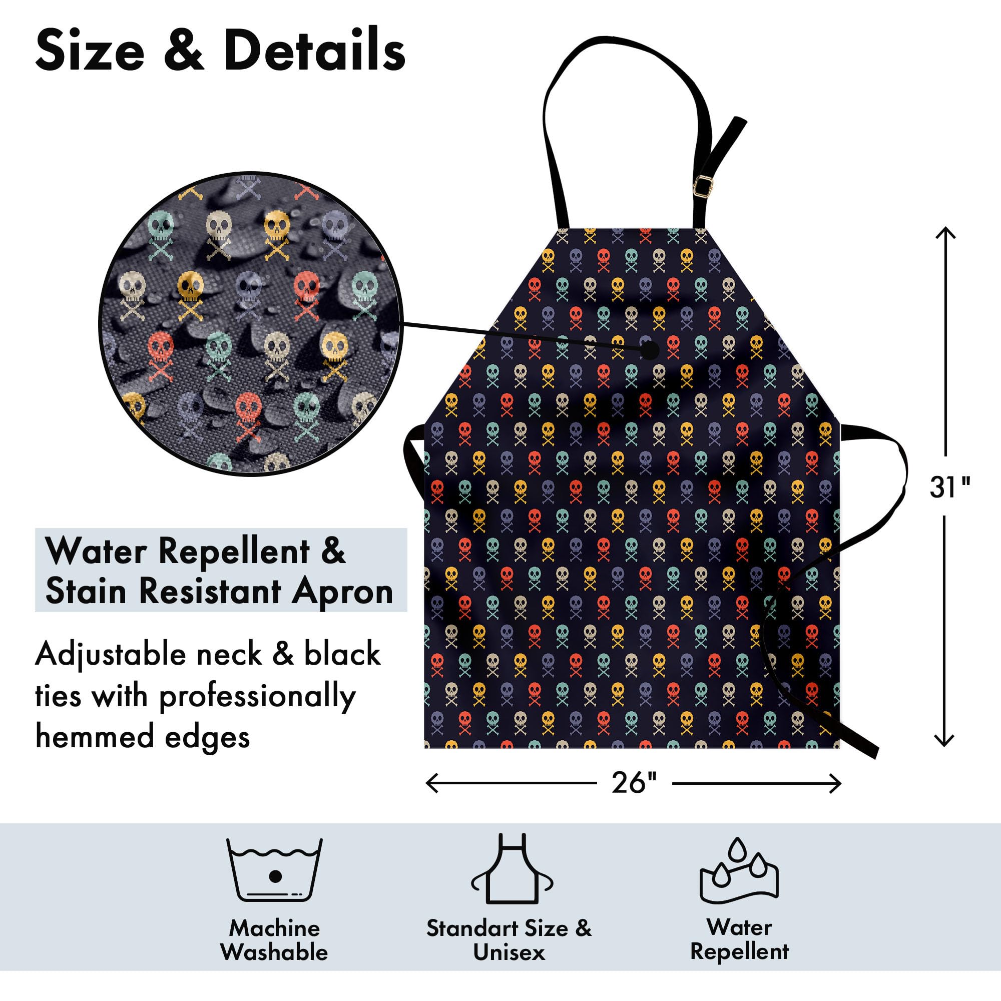 Ambesonne Pixel Art Apron - Skull & Bones Pirate Design Kitchen Apron for Cooking, Baking, Grilling - Adjustable Neck Bib Apron for Men & Women - Perfect for BBQ, Gardening, Halloween Costume