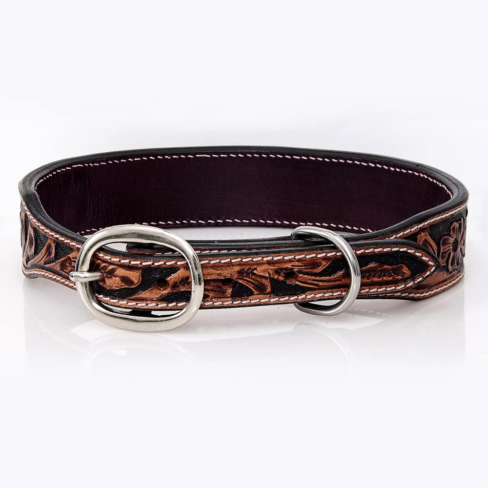 HILASON Genuine Leather Beaded Dog Collar - Large Tan Handmade Soft Hand-Tooled Leather Collar for Medium to Large Dogs - Perfect for Training, Walks & Outdoor Adventures