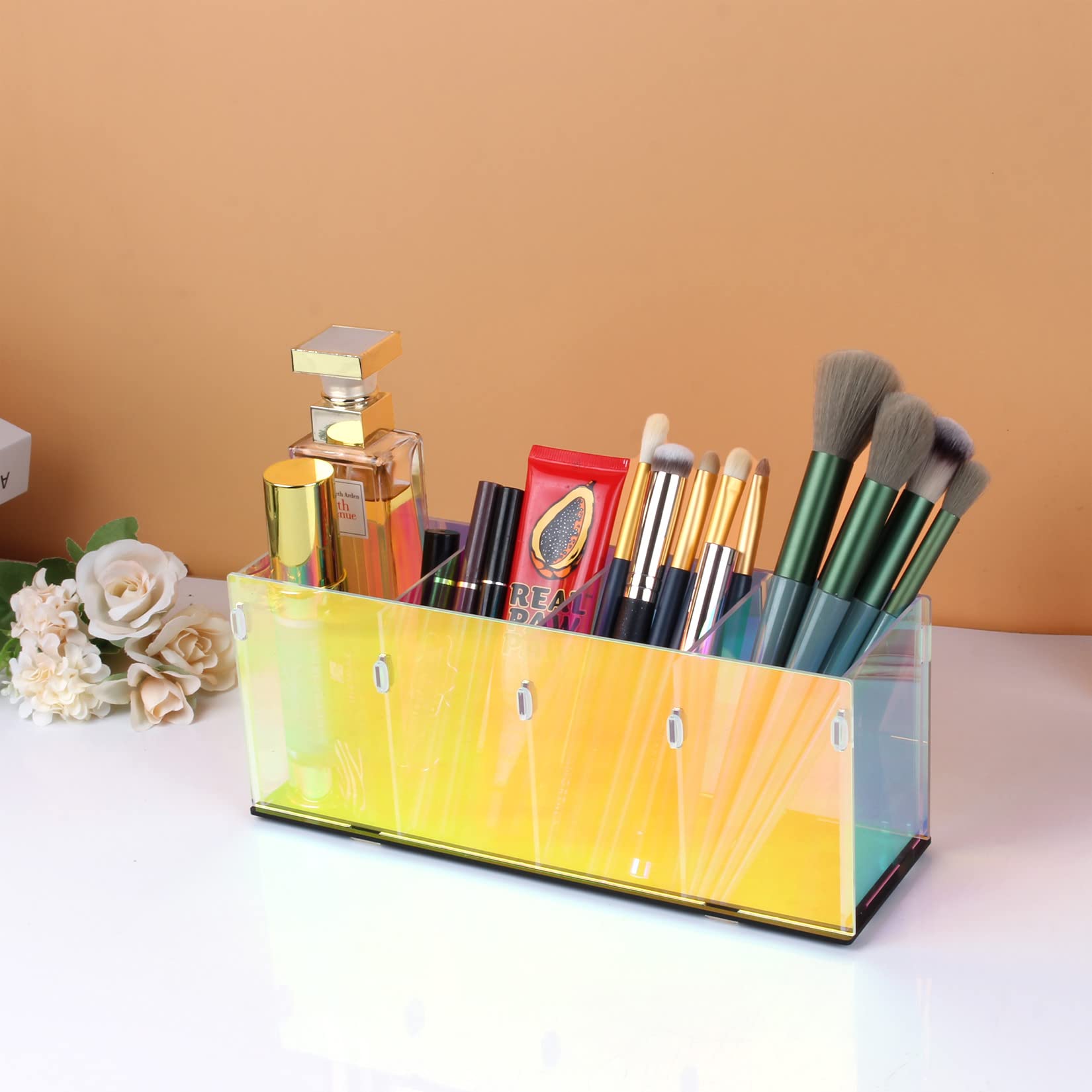 Rainbow Acrylic 4-Compartment Pencil Holder - Desk Organizer for Pens, Makeup Brushes, Stationery & Art Supplies | Iridescent Office & Vanity Storage (Assembly Required) | Perfect for Home Office, Study Desk & Makeup Vanity Organization
