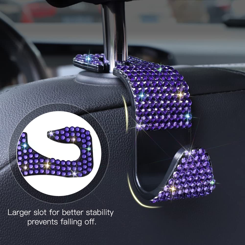 OTOSTAR 2 Pack Bling Diamond Car Headrest Hooks - Universal Vehicle Seat Hangers & Organizer | Handmade Auto Accessories for Purse, Bag & Shopping (Violet) - Perfect for Road Trips, Commuting & Daily Errands