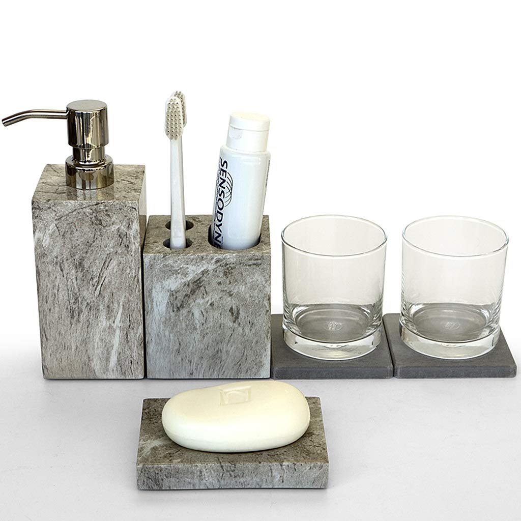 7-Piece Bathroom Accessory Set - Soap Dispenser, Toothbrush Holder, Tumbler Cup, Soap Dish - Resin Marble Texture for Modern Bathroom Decor & Organization