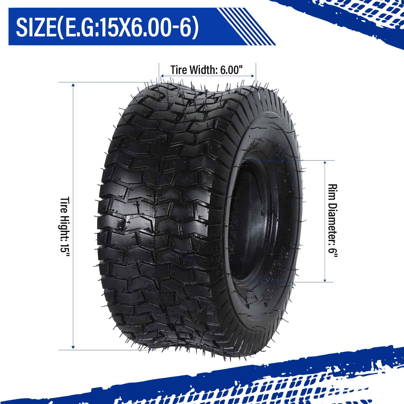 2Pcs 15x6.00-6 Tubeless Lawn Mower Tires - Heavy Duty Garden Turf Tractor Tires with 2 PR Rating - Perfect for Lawn Care, Landscaping & Yard Maintenance