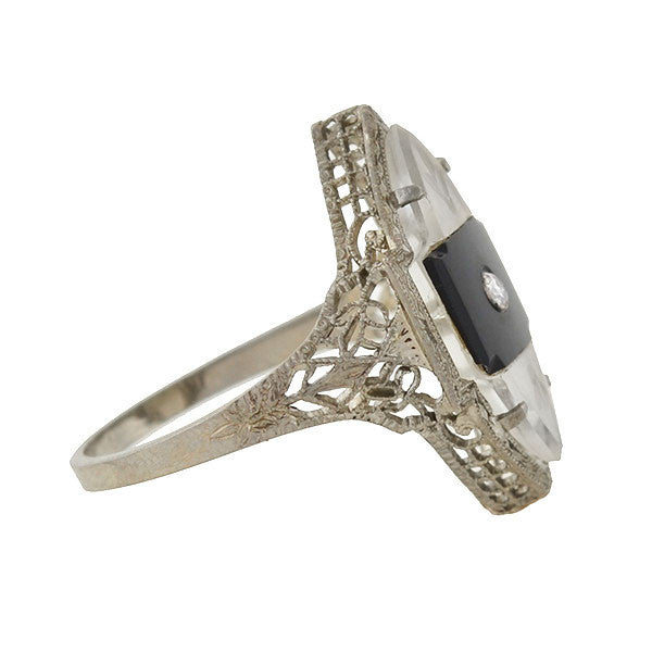 Art Deco 14K Gold Rock Quartz, Onyx & Diamond Filigree Navette Ring - Vintage Jewelry for Weddings, Parties & Special Occasions