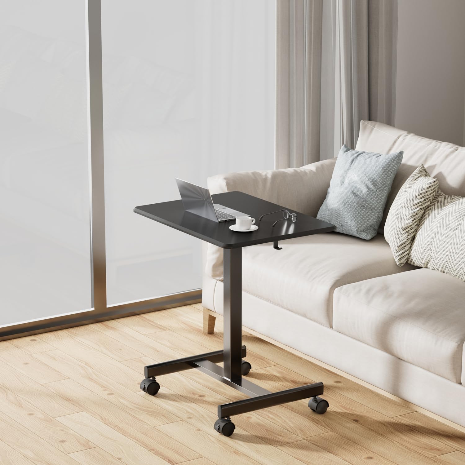 Adjustable Height Mobile Standing Desk with Lockable Wheels & Hook - Portable Rolling Laptop Desk for Home Office & Hospital Use - Sit Stand Workstation with Gas Spring for Ergonomic Computing, Telemedicine & Nursing Stations