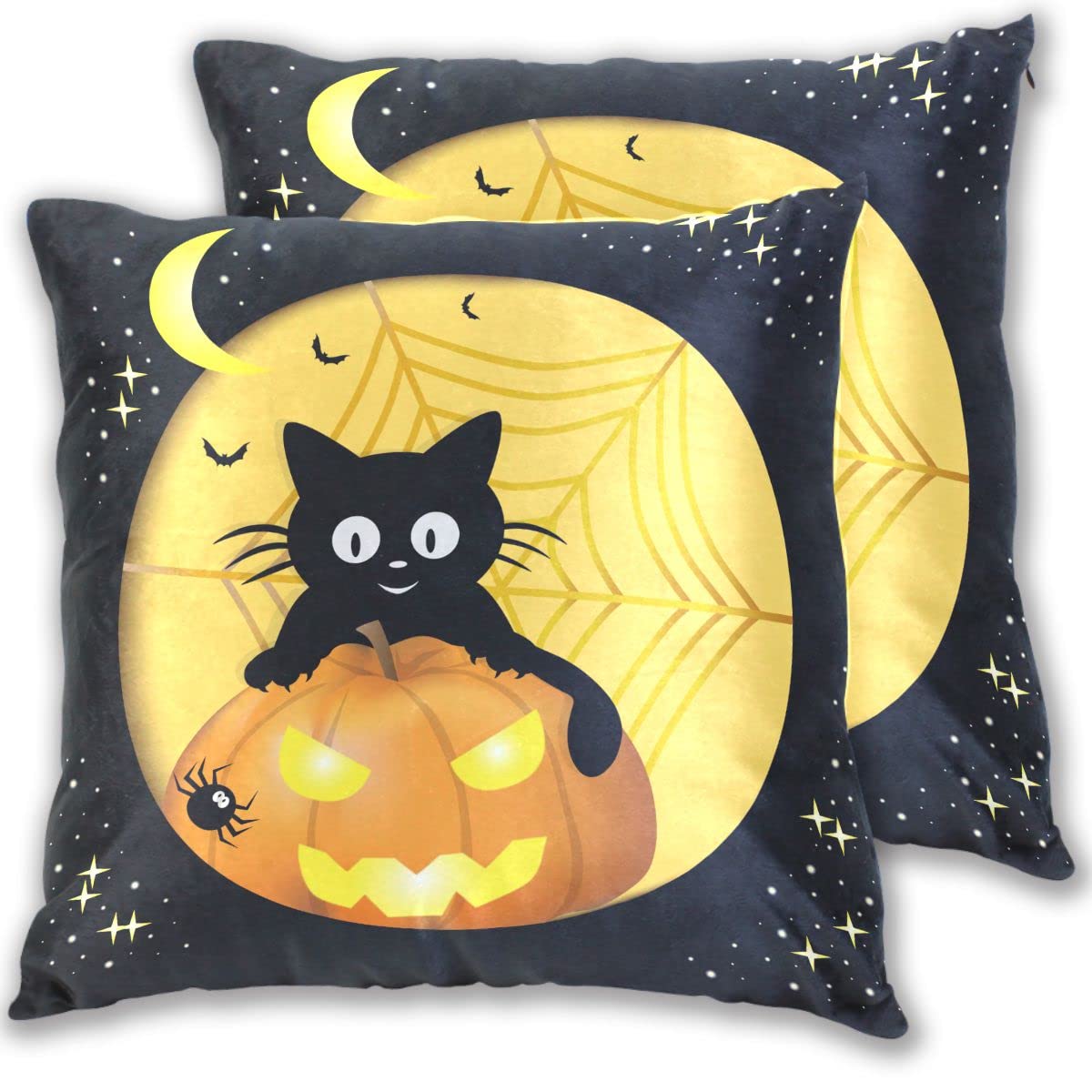 Aflyko Halloween Golden Moon Cat Pumpkin Throw Pillow Covers 18x18 Inch - 2 Pack Soft Decorative Cushion Cases for Sofa, Bed, Dorm - Perfect Holiday Housewarming Gift for Cat Lovers & Halloween Decor