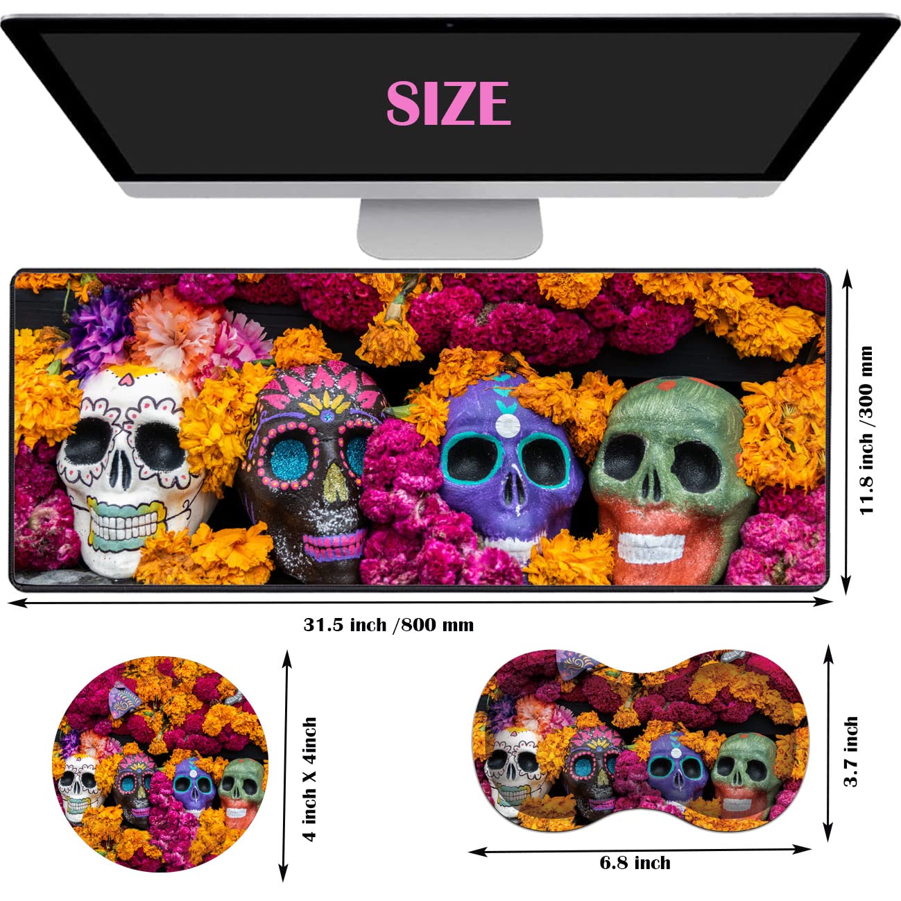 Extended Gaming Mouse Pad with Wrist Rest & Coaster - Non-Slip Rubber Base Desk Mat for Keyboard & Mouse - Perfect for PC Gaming & Office Work (Candy Skull Design) - Ideal for Esports, Streaming & Home Office Setups