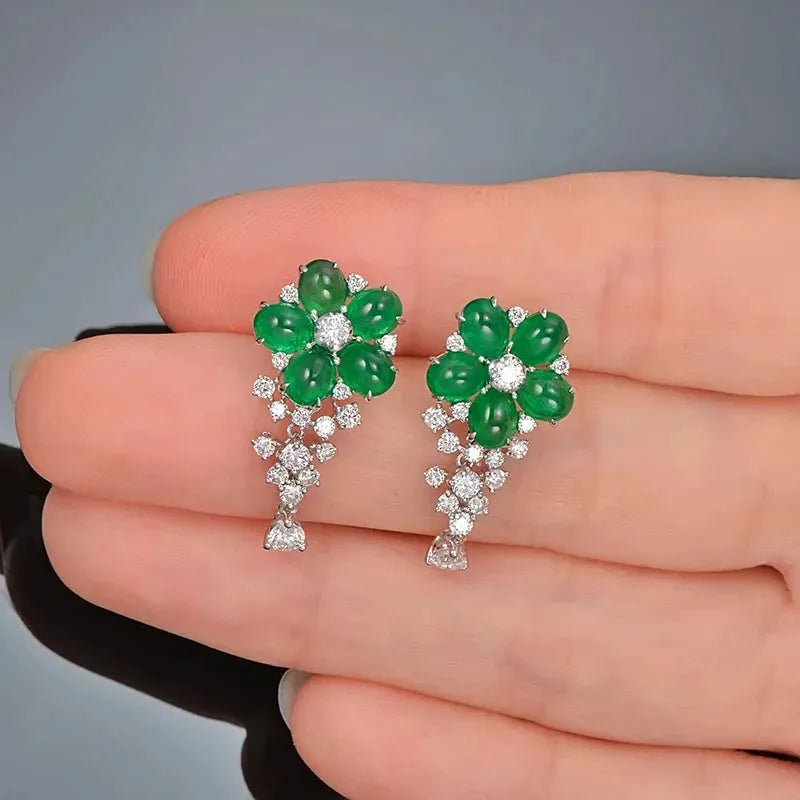 Natural 3.91ctw Cabochon Emerald & 1.0ct Brilliant Cut Diamond 18K Gold Flower Drop Earrings for Women | Elegant Jewelry Gift for Wedding, Anniversary & Special Occasions