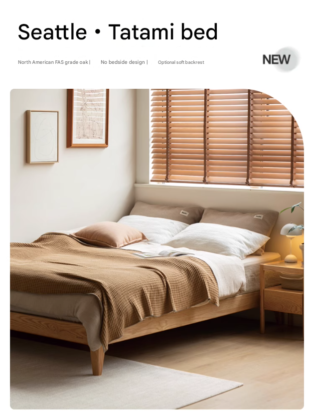 Modern Minimalist Oak Solid Wood Tatami Bed - Japanese Style Platform Bed Frame for Small Spaces, Guest Rooms & Zen Bedrooms