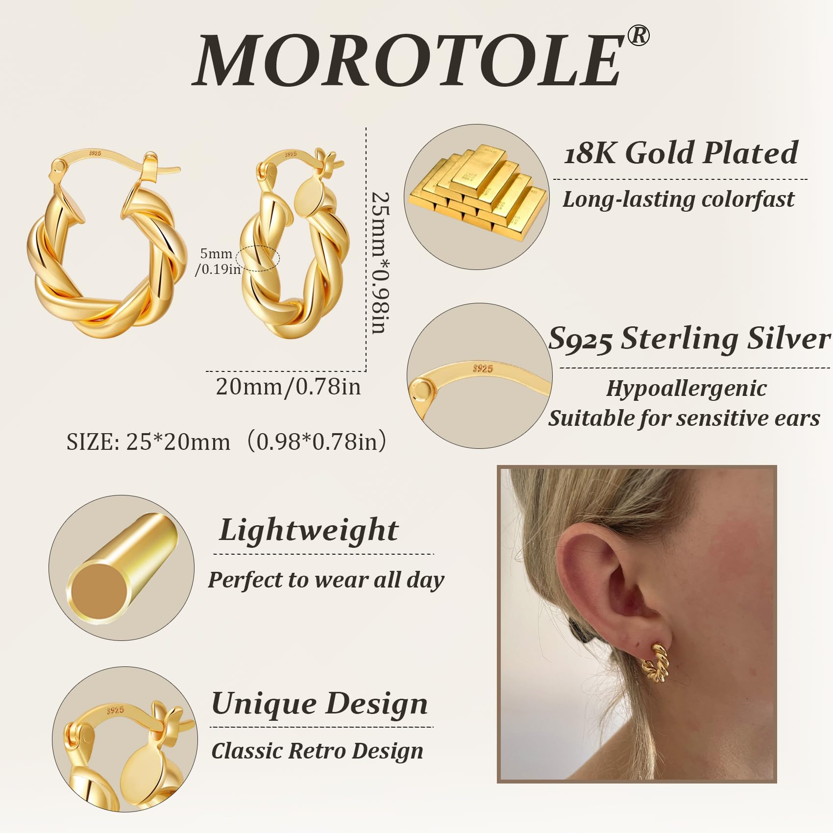 Twisted Gold Hoop Earrings for Women - Thick Chunky Hypoallergenic Vintage Twist Hoops - Perfect for Parties, Weddings & Everyday Wear