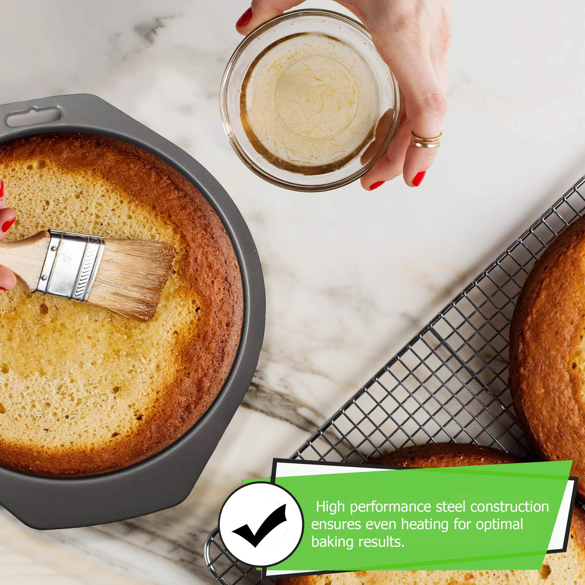 ebake Victoria Sponge Cake Tins - 2 Pack 8 Inch Non-Stick Round Cake Pans for Baking Cakes, Pies, Puddings - Easy Clean Black Carbon Steel Fixed Base with Handles - Perfect for Birthday Cakes, Tea Parties & Holiday Desserts