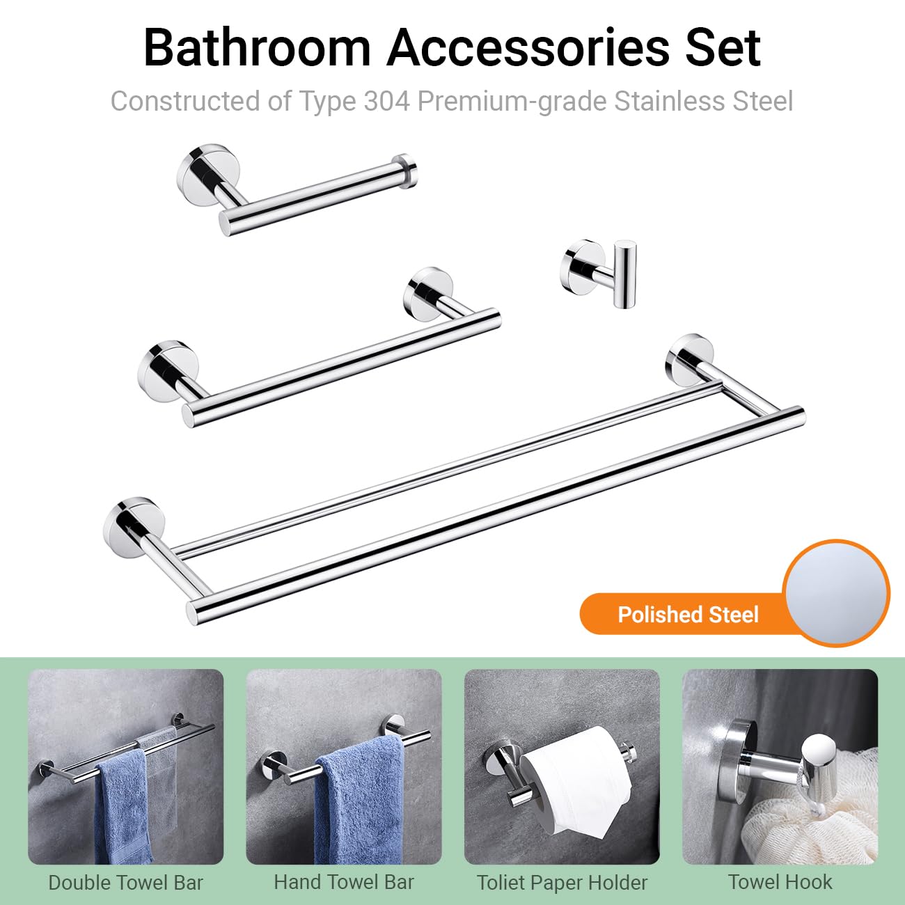 Premium 4-Piece Bathroom Accessories Set - Polished Stainless Steel Wall Mounted Towel Bar, Hand Towel Rack, Toilet Paper Holder & Robe Hooks - Modern Bathroom Organization for Home & Hotel Use