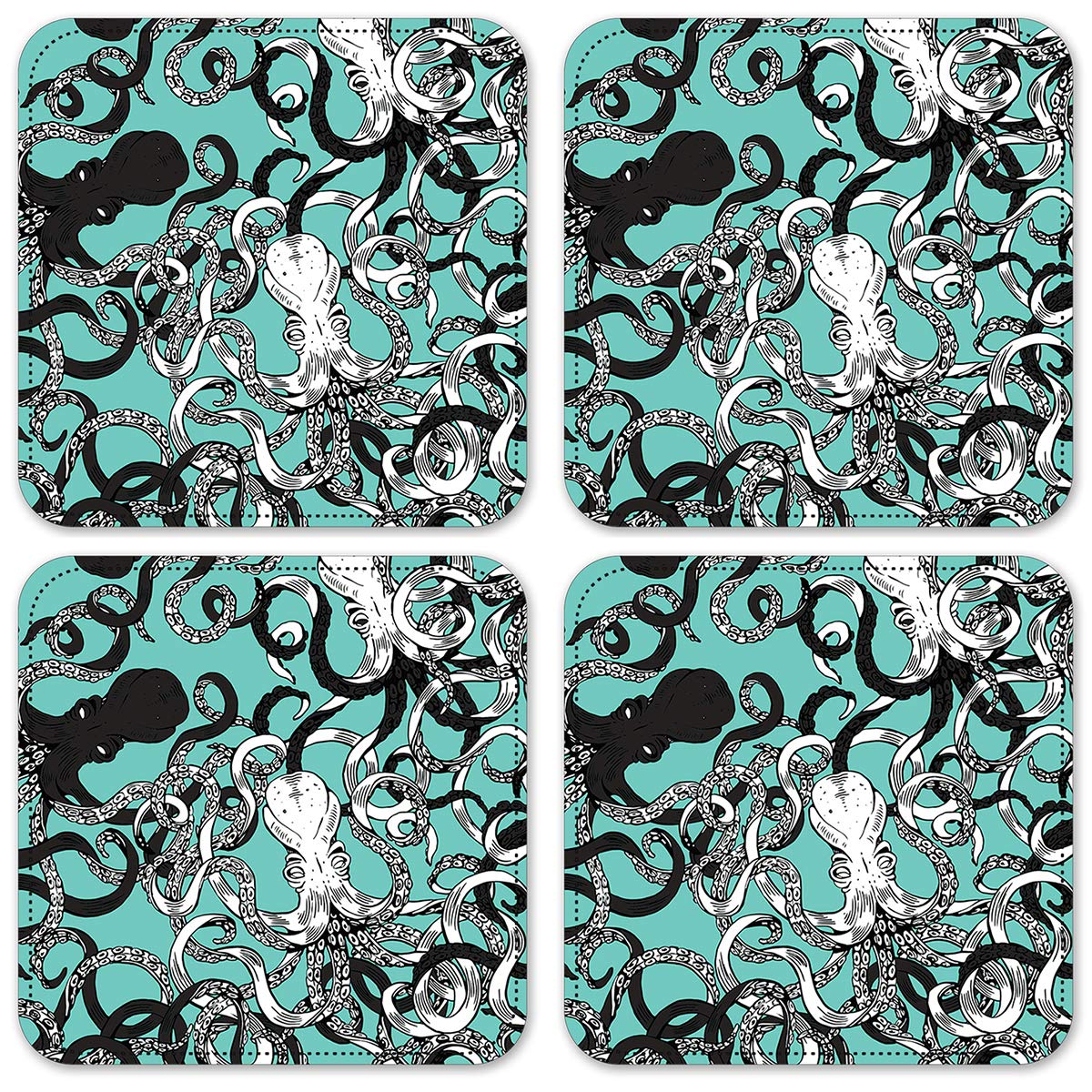 Waterproof Vinyl Drink Coasters Set of 4 - Cute Octopus Design - Perfect for Coffee Tables, Bars & Home Decor
