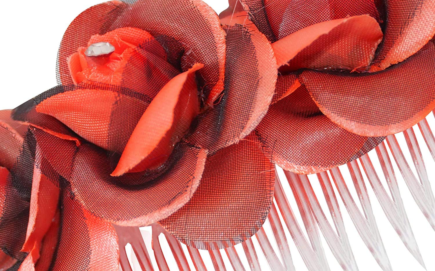 INAAYA Artificial Flower Hair Comb Clip for Women - Red and Gold Hair Accessories for Weddings, Parties, and Special Occasions