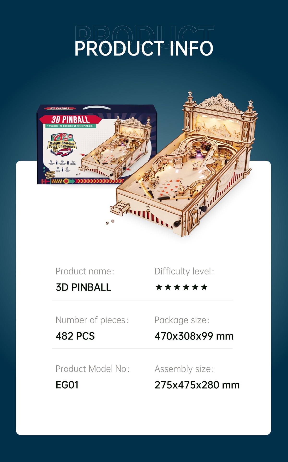 ROBOTIME EG01 Wooden Pinball Machine 3D Puzzle Kit for Adults - DIY Miniature Pinball Game for Home Decor, Gifts & Stress Relief