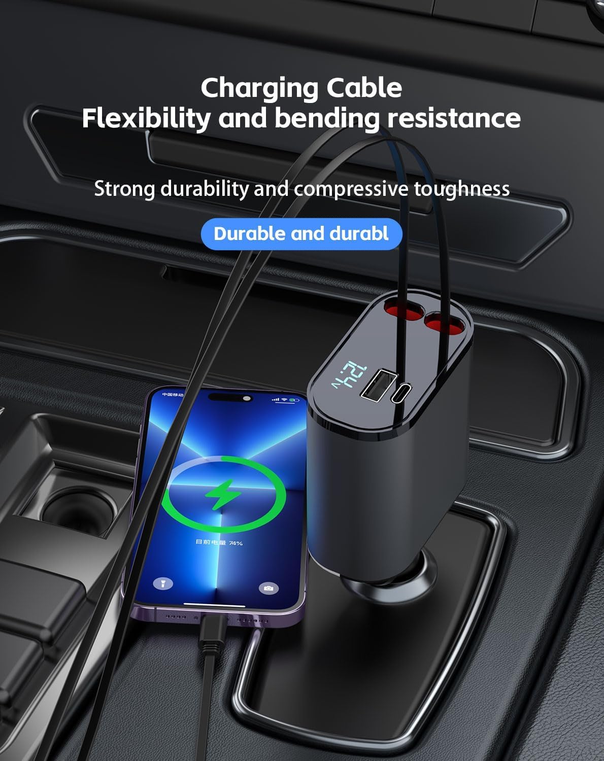 60W Fast Retractable Car Charger with 4-in-1 USB Cables - Compatible with iPhone 15/14/13/12/11, Samsung Galaxy & Google Pixel - Dual Lightning Ports for Quick Charging On The Go - Perfect for Road Trips, Commuting & Travel Accessories