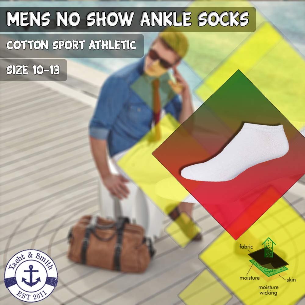 Yacht & Smith Men's No Show Ankle Socks - 12 Pairs Bulk Pack, Breathable Cotton Athletic Socks for Running & Sports (Size 10-13) - Perfect for Gym, Workout & Everyday Wear