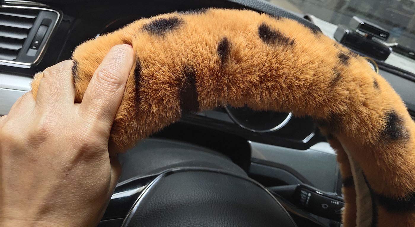 Universal Winter Warm Fluffy Faux Fur Steering Wheel Cover Set - 3pcs (Leopard Print) with Gear Shift & Brake Covers | Soft Plush Car Accessories for Cold Weather Driving Comfort