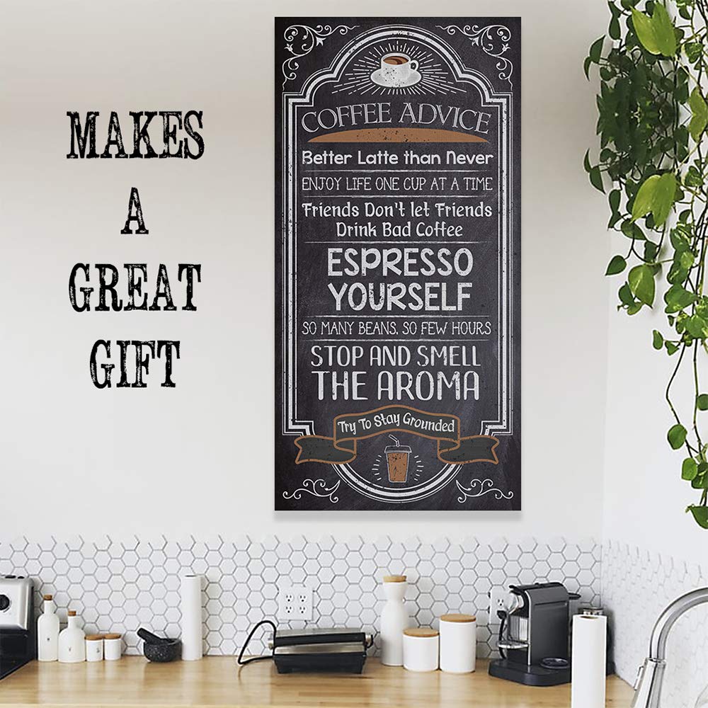 Extra Large 24x48 Coffee Advice Espresso Yourself Chalkboard Wood Style Vertical Stretched Canvas - Classic Coffee Bar Decor, Kitchen Table Accessories, Farmhouse Display | Perfect for Coffee Shops, Home Kitchens & Rustic Cafés