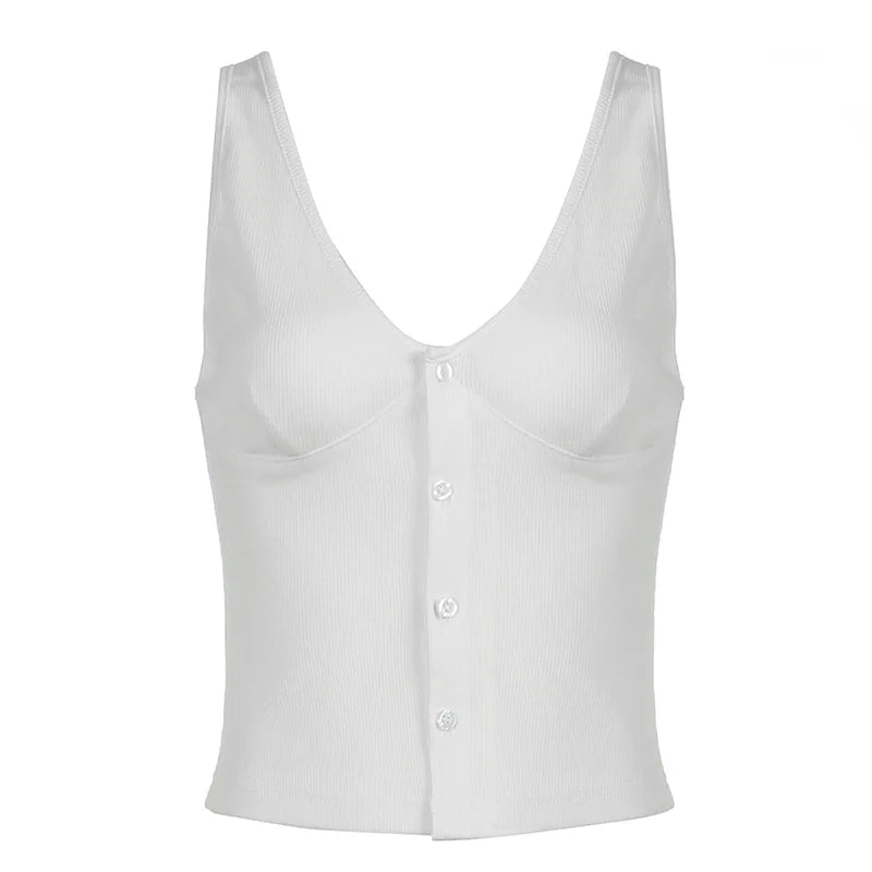 Women's Basic White Ribbed Tank Top - Casual Button Up V-Neck Sleeveless Summer Tops 2024 | Perfect for Beach Outings, Layering & Everyday Wear