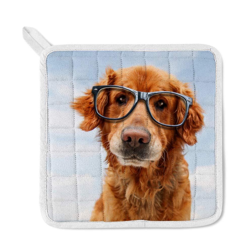 Heat Resistant Polyester Kitchen Oven Mitts & Potholder Set (3Pcs) - Cute Golden Retriever with Glasses Design, Non-Slip for Baking, Cooking, BBQ - Perfect for Home Kitchen & Outdoor Grilling
