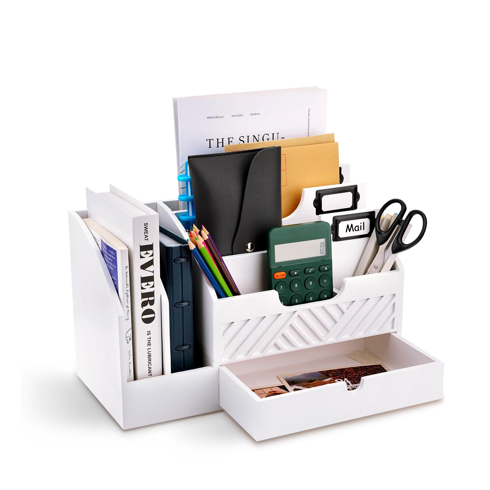 Fantasyon White Wood Mail Organizer - Desktop Mail Holder with Drawer, Bill File Organizer & Letter Sorter - Wooden Desk Accessory for Office, Home (Paper, Envelopes, Documents) - Perfect for Workspace Organization & Mail Management