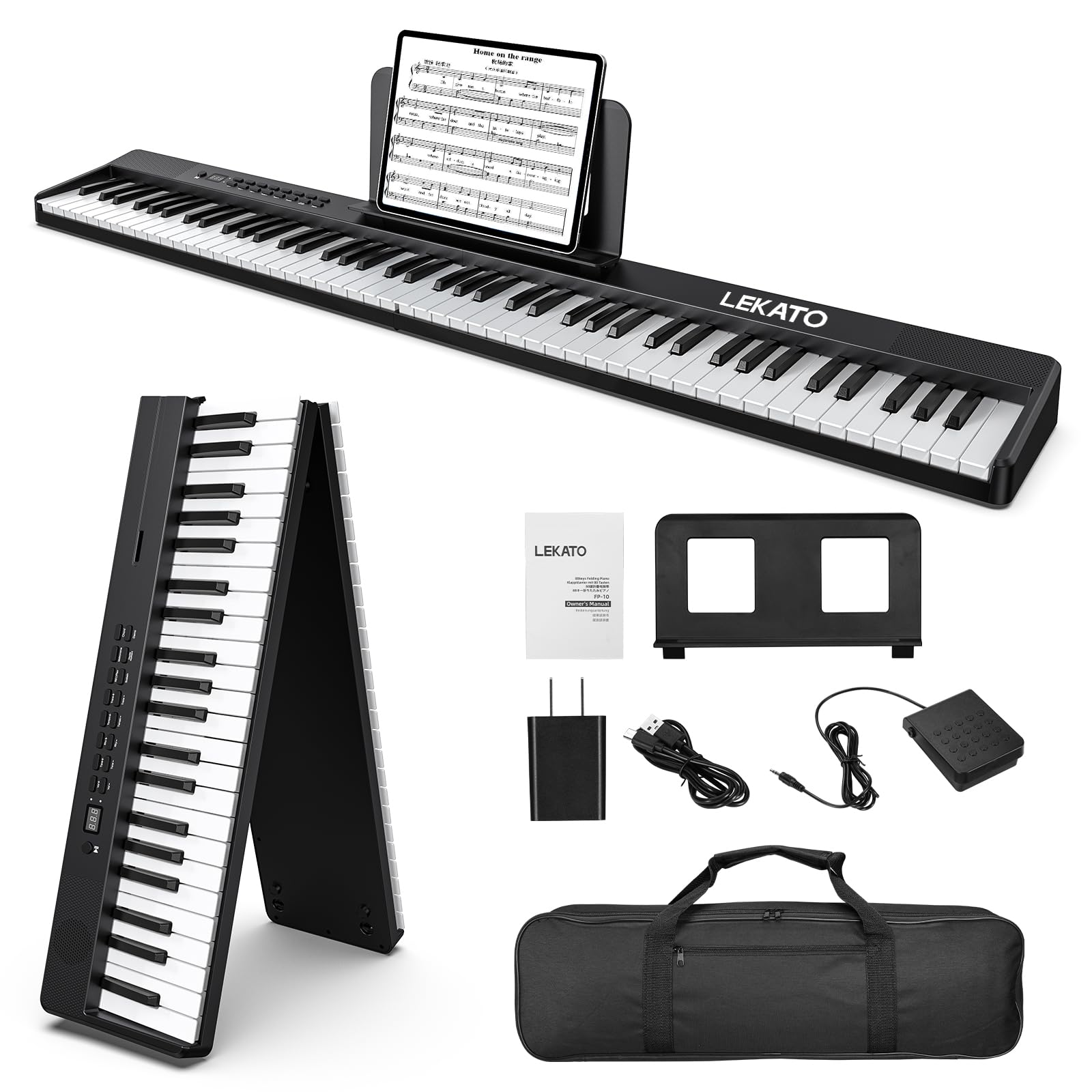 LEKATO FP-10 88 Key Portable Folding Digital Piano with Sustain Pedal - Semi-Weighted Wood Grain Keys, Bluetooth MIDI Connectivity - Perfect for Beginners, Travel & Home Practice (Ideal for Small Spaces & On-the-Go Musicians)