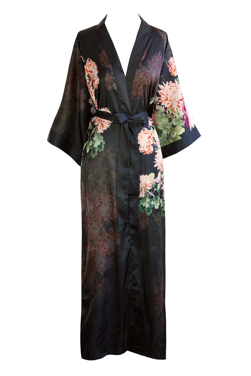 KIM+ONO Women's Charmeuse Kimono Robe - Long Floral Watercolor Design Luxury Loungewear for Spa, Bridal Shower & Relaxation at Home