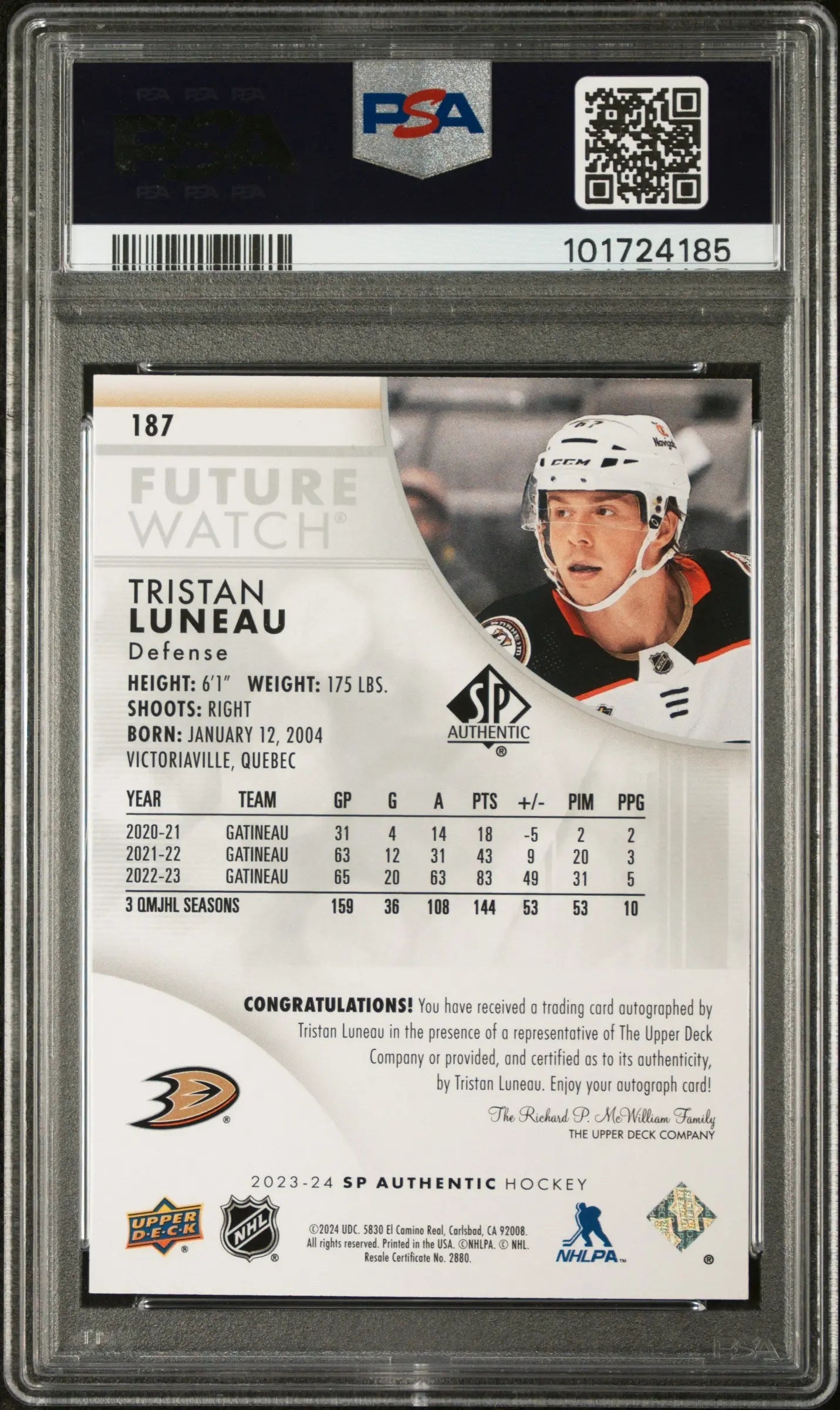 2023 UD SP Authentic Tristan Luneau Future Watch Autograph PSA 9 /999 - Rare Hockey Rookie Card for Collectors & Investors - Perfect for Sports Memorabilia Displays & Trading Card Collections