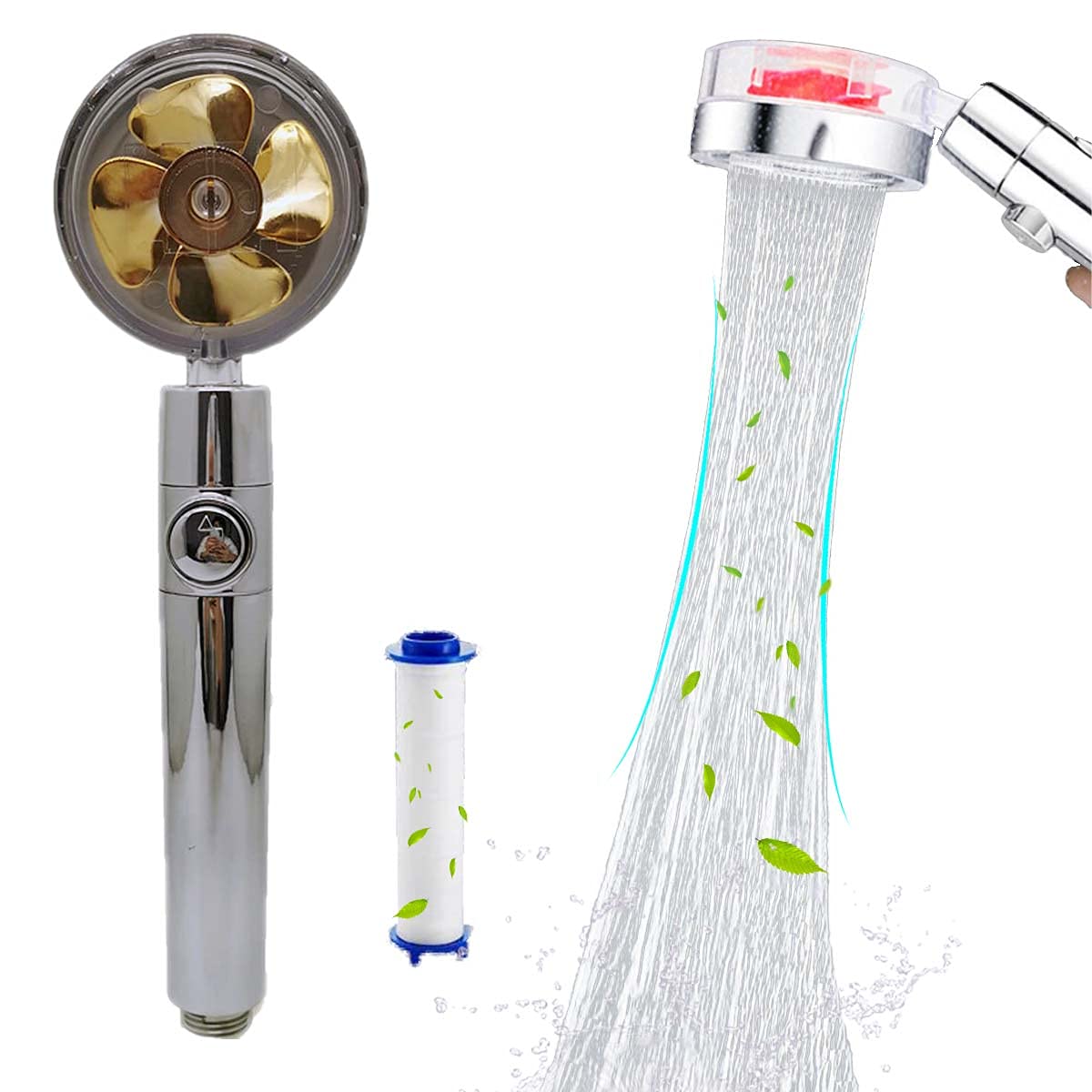High Pressure Shower Head with Handheld & Filter - Gold Turbocharged Shower Head for Low Water Pressure with Stop Button | Perfect for Bathroom, Spa & RV Use