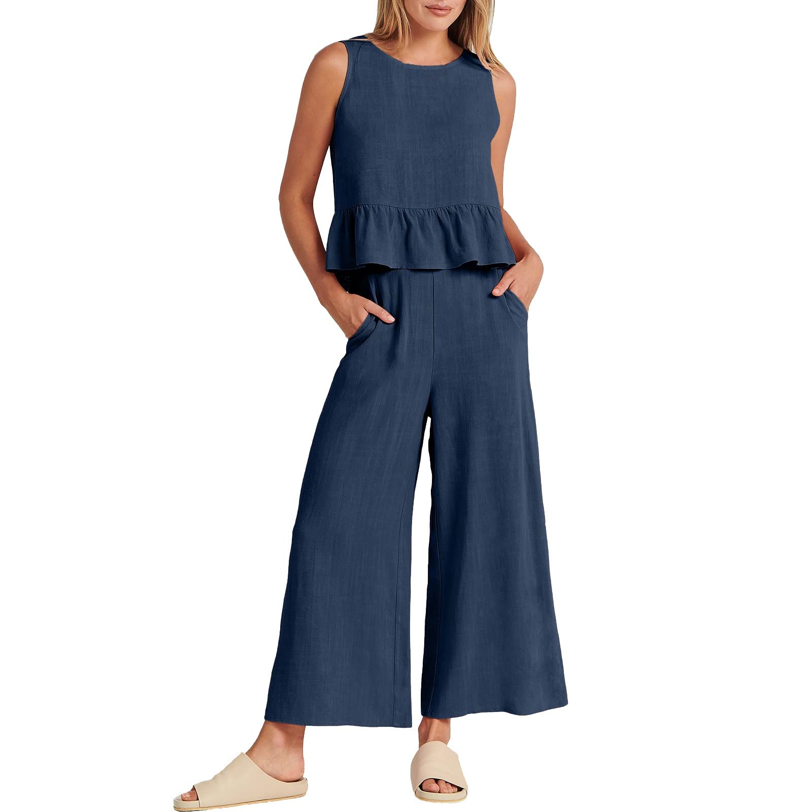 Women's 2 Piece Outfit Set - Summer Cotton Linen Sleeveless Blouse & Shorts | Casual Floral Print Tracksuit | Clubwear & Beachwear | Dark Blue Size M | Breathable & Comfortable for Outdoor Activities