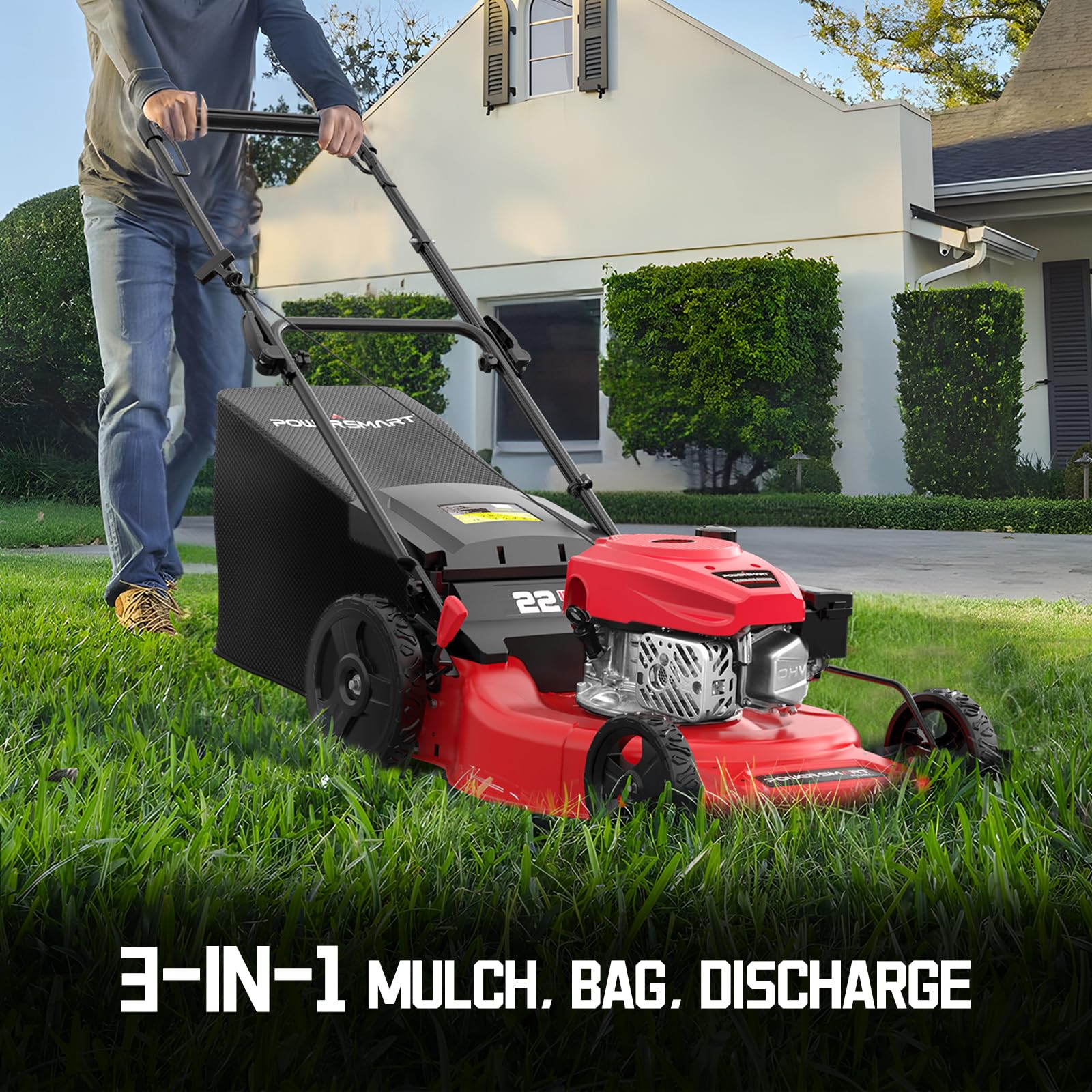 PowerSmart 22-Inch Self-Propelled Gas Lawn Mower with 170cc OHV Engine - High Wheel RWD 3-in-1 Cutting System & Adjustable Height - Includes Oil (Red) - Perfect for Medium to Large Yards, Residential Lawn Care & Landscaping
