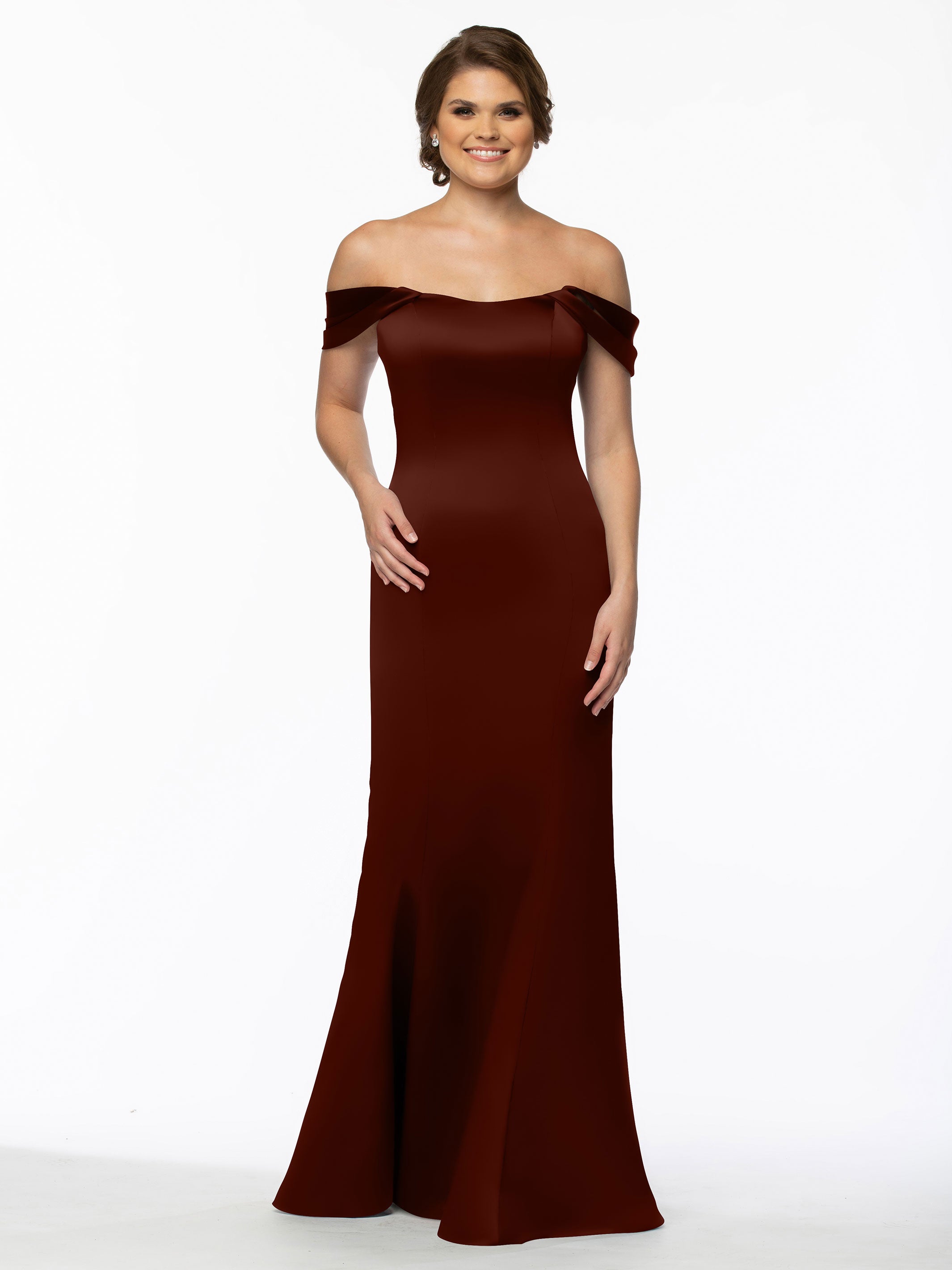 Elegant 80151 Fitted Satin Bridesmaid Dress with Off-The-Shoulder Sleeves - Perfect for Weddings, Formal Events & Special Occasions