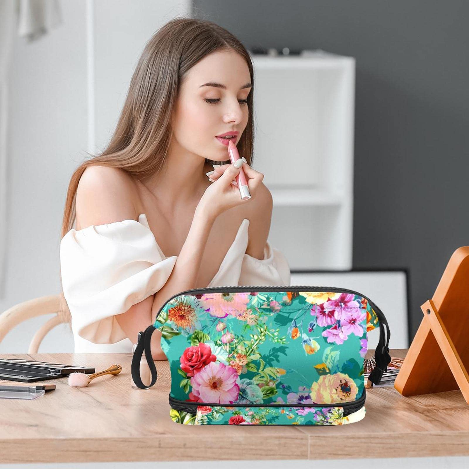 Double Layer Floral Makeup Bag - Travel Organizer for Women & Girls - Perfect for Toiletries & Cosmetics on the Go