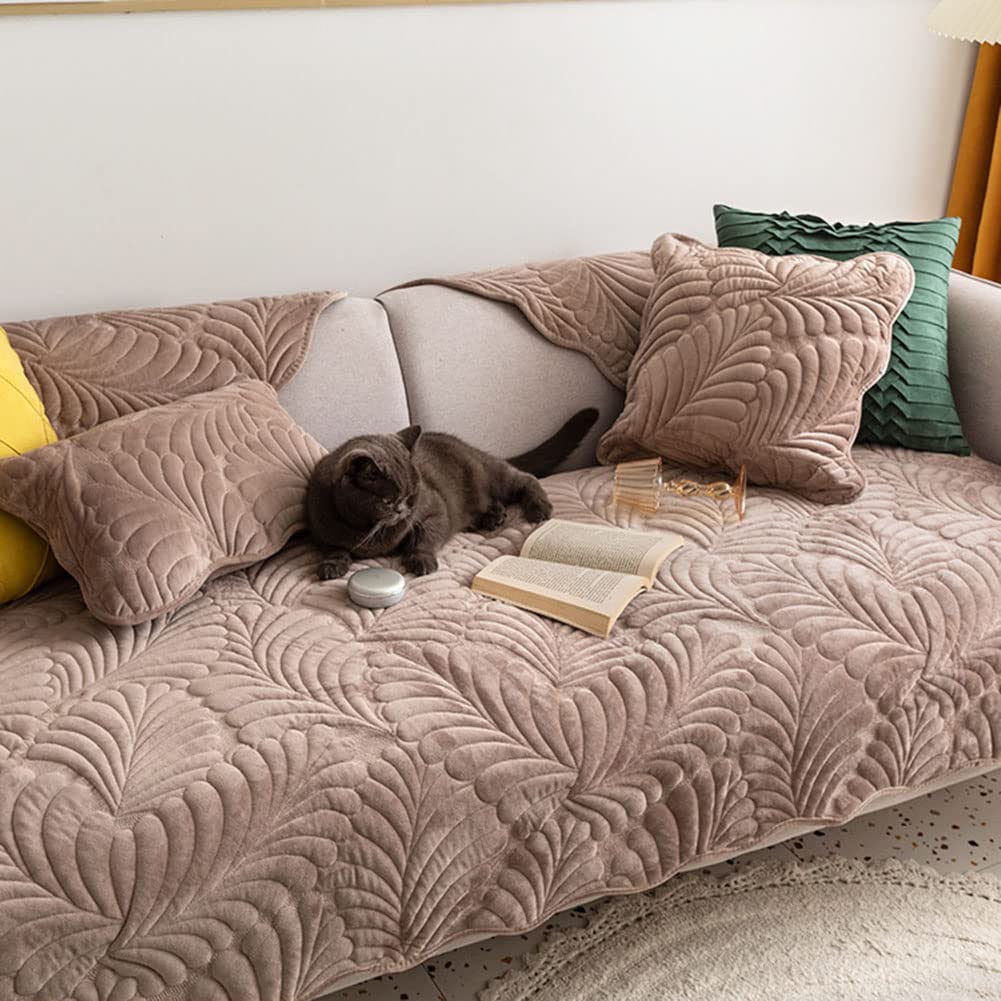 VCTOPS Super Soft Flannel Sectional Couch Cover - Leaf Pattern Non-Slip Quilted L-Shaped Sofa Slipcover, Plush Thickened for Kids, Dogs & Pets (Coffee, 43