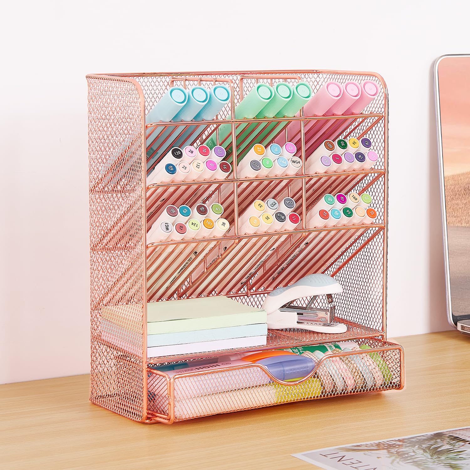 Rose Gold Pen Holder Desk Organizer - 10 Compartments & Drawer for Office & Study