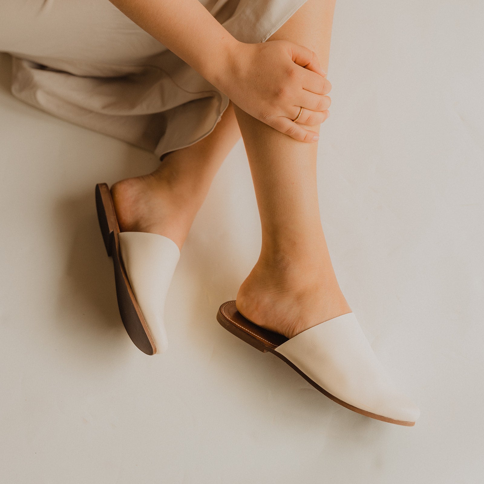 SECONDS Women's Autumn Cream Leather Mule Shoes - Comfortable Slip-On Loafers for Casual Wear, Office & Home Use