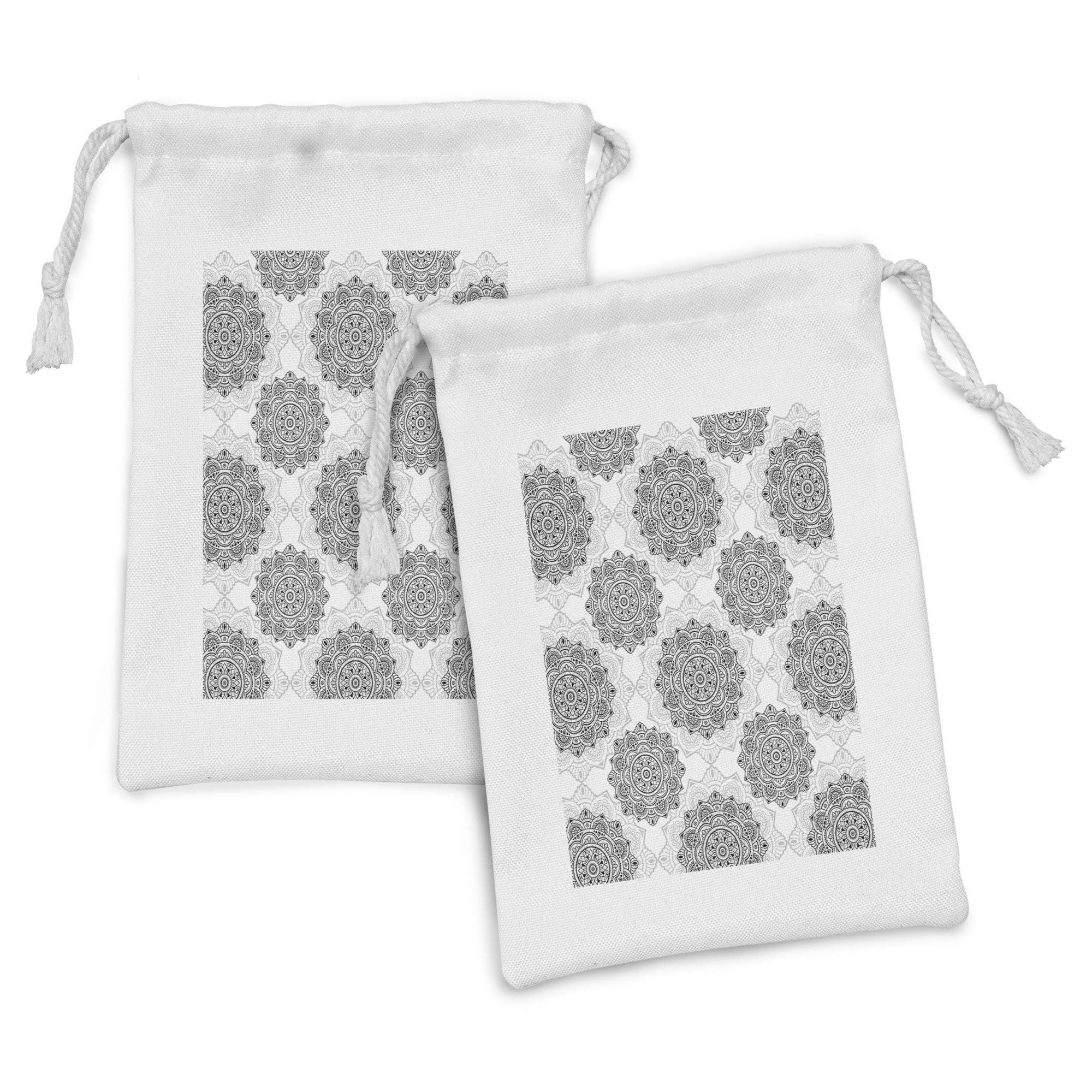 Ambesonne 2-Piece Oriental Fabric Pouch Set - Decorative Circular Swirl & Dot Design, Small Drawstring Bags (9