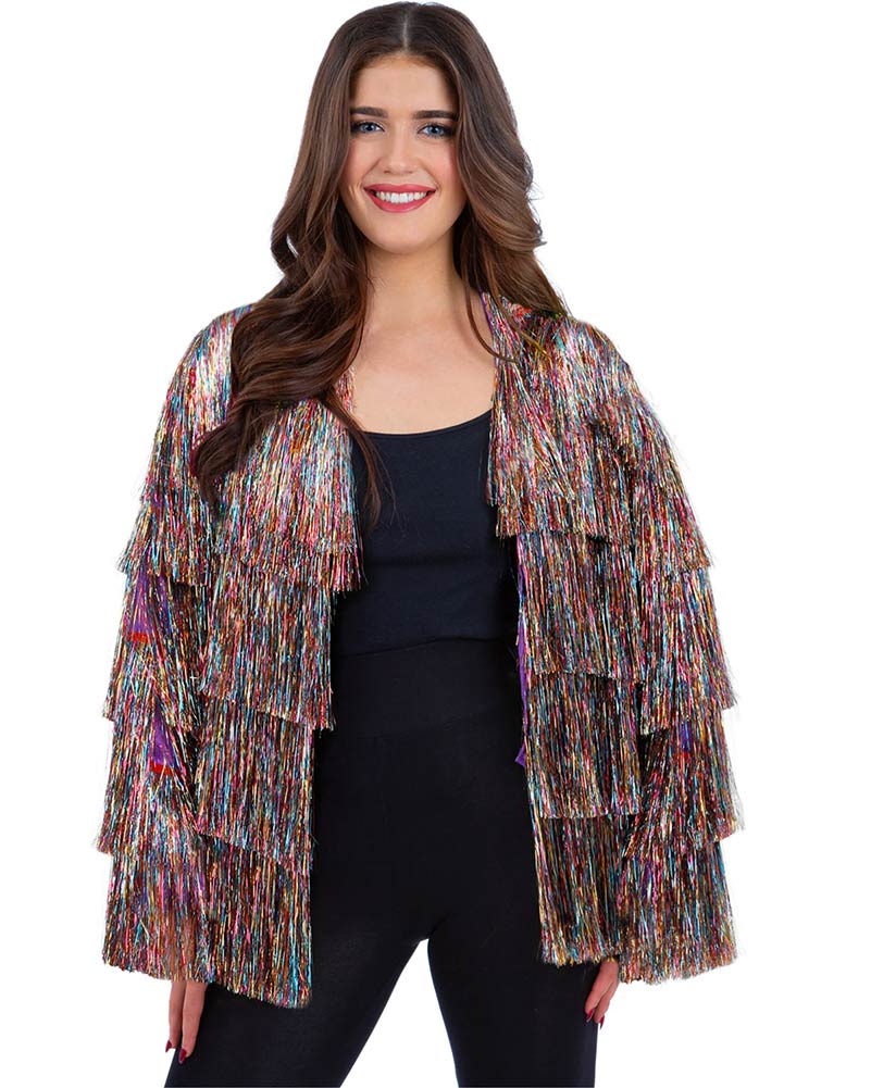 Vintage 70s Rainbow Tinsel Festival Jacket for Women - Retro Disco Party Outfit, Music Festival Wear & Costume Accessory