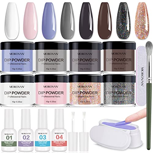 Morovan Dip Powder Nail Kit - 8 Colors Professional Dipping System with Base Coat, Top Coat, Activator & Brush (No UV Lamp Needed) | At-Home Manicure & Salon-Quality Nails
