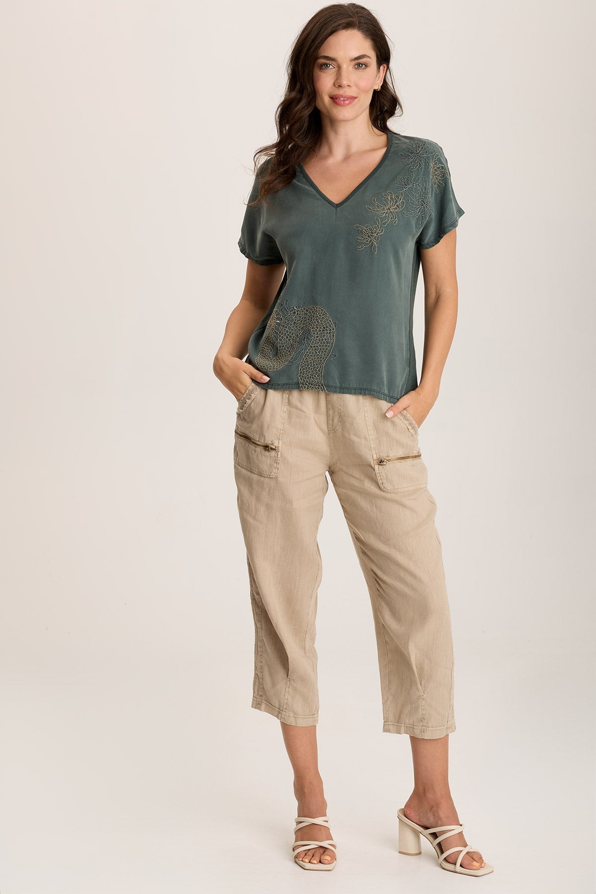 Jolina Women's Twill V-Neck Embroidered T-Shirt - Casual Short Sleeve Top for Everyday Wear & Summer Outfits