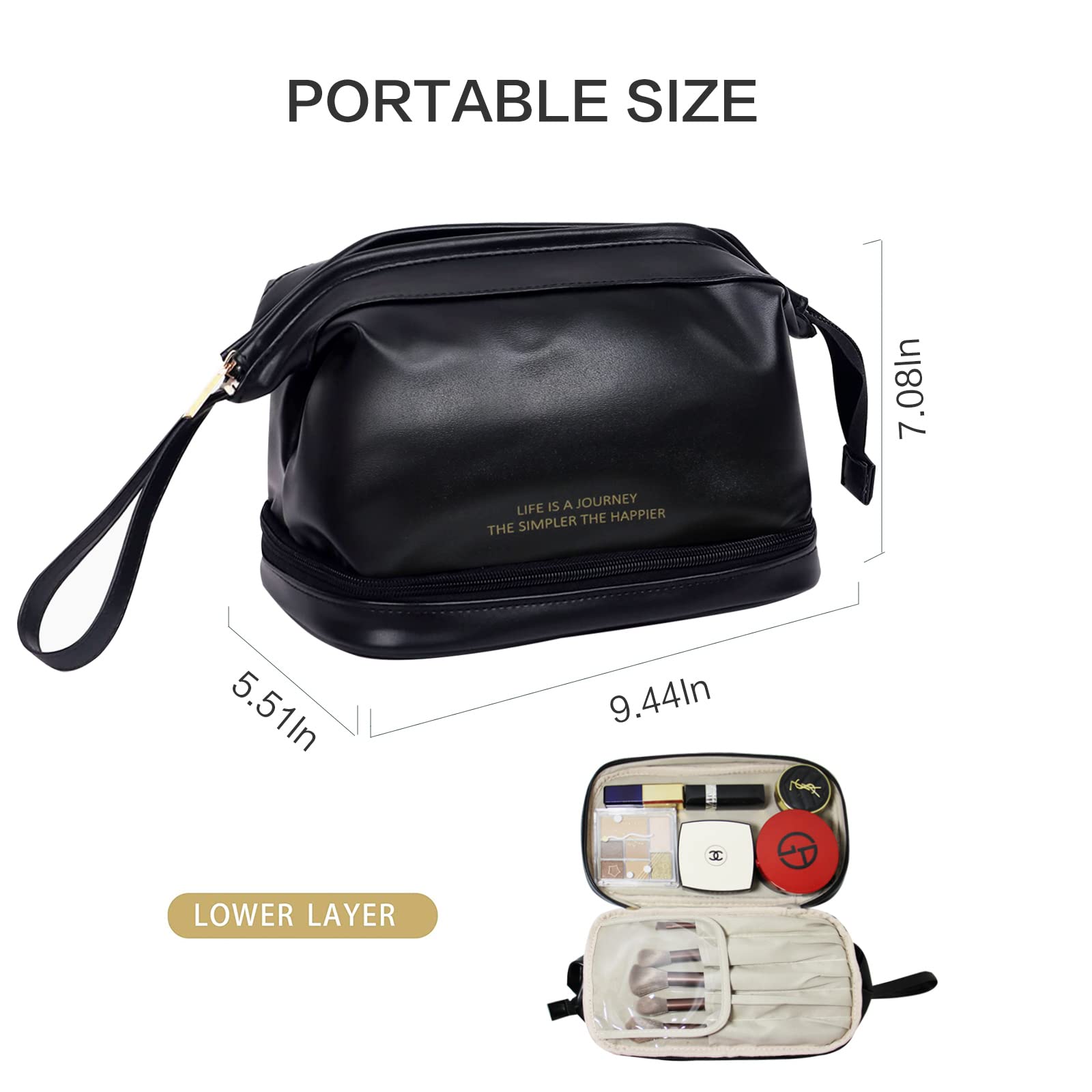 Waterproof Leather Travel Makeup Bag - Large Double Layer Cosmetic Organizer with Zipper for Women | Portable Toiletry Case for Travel, Gym & Daily Use | Black Cosmetic Storage Pouch