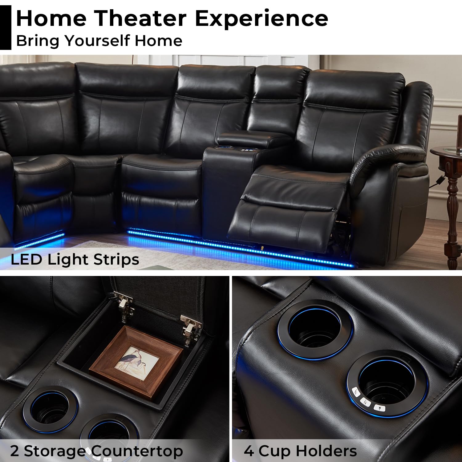 Power Recliner Sectional Sofa with LED Lights, USB Charger & Cup Holders - Faux Leather Reclining Corner Couch Set with 2 Home Theater Seats & Storage Console - Black - Perfect for Living Room, Home Theater & Family Movie Nights