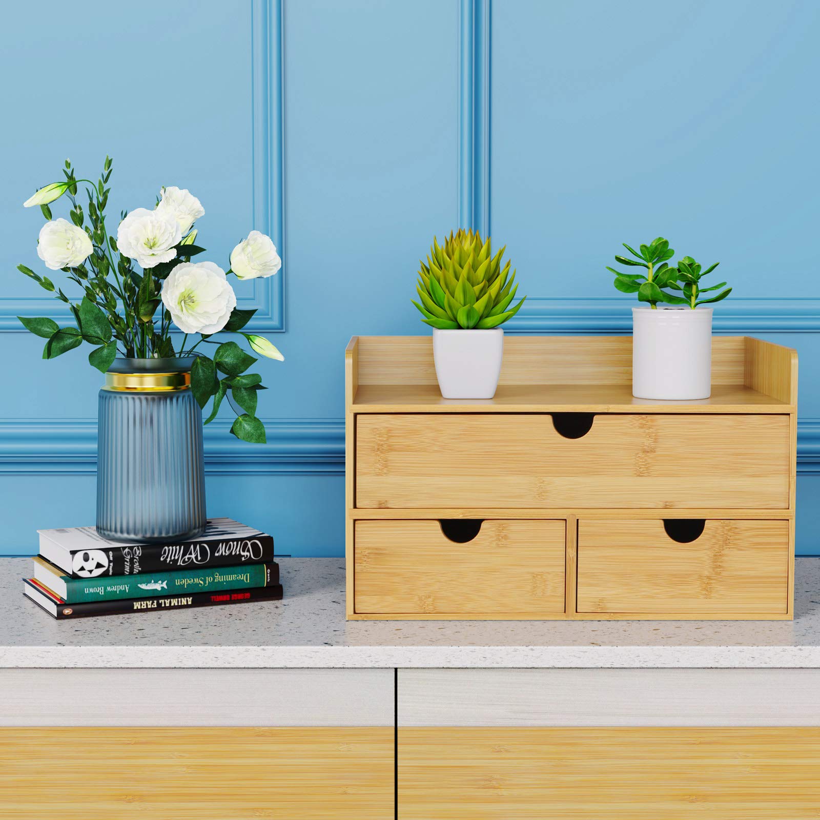 Bamboo Desk Organizer with Drawers - Wooden Desktop Storage for Office Supplies, Makeup, Bills & Kitchen Utensils | No Assembly Required | Perfect for Home Office, Vanity & Kitchen Organization