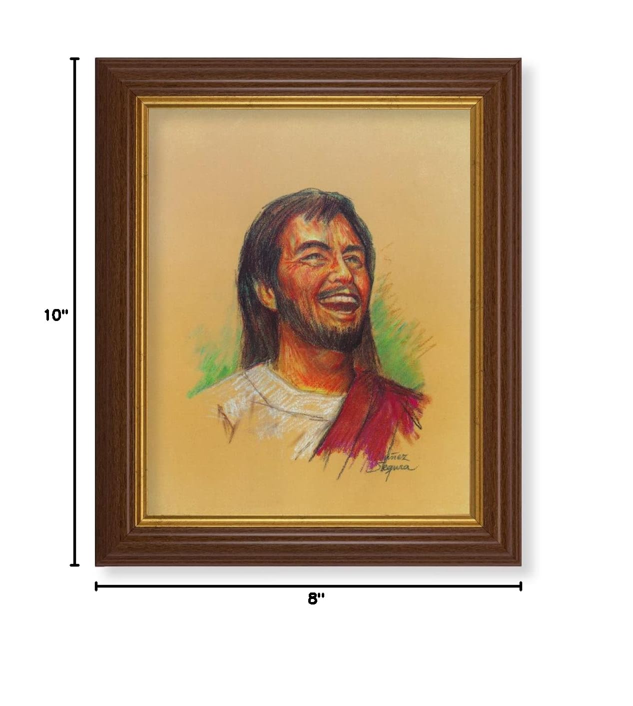 Laughing Jesus Framed Wall Art - Large Traditional Dark Walnut Fluted Frame with Gold Beaded Edge - Religious Home Decor for Living Room, Bedroom & Church
