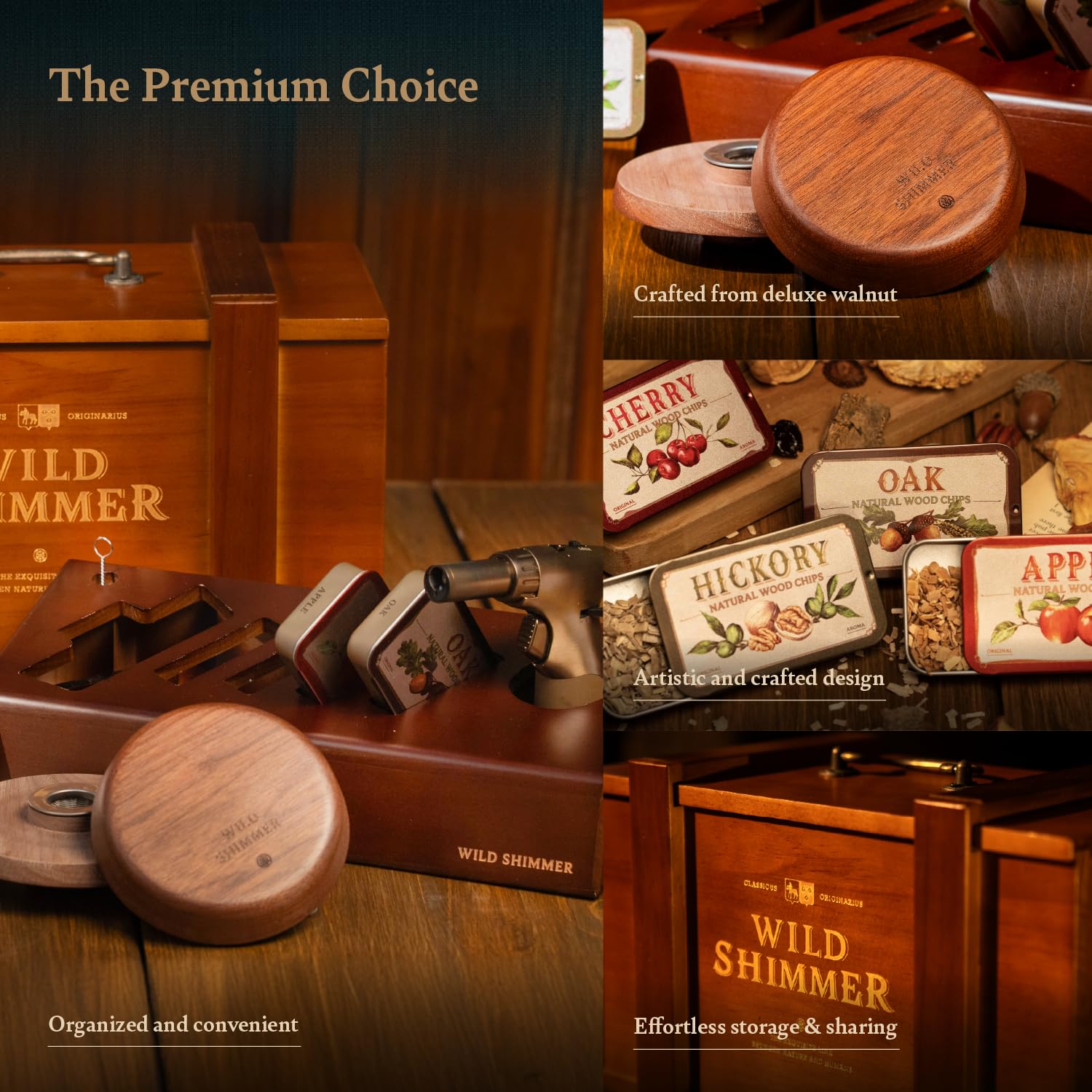 Premium Cocktail Smoker Kit by Wild Shimmer - Whiskey Smoking Set with Torch, Wooden Box & 4 Natural Wood Chip Flavors | Best Bourbon Gift for Men & Home Bartenders | Perfect for Cocktail Parties, Home Bars & Whiskey Tasting Events